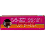60g bar of Organic Times Rocky Road Milk Chocolate featuring marshmallows, roasted almonds, and berry jellies.
