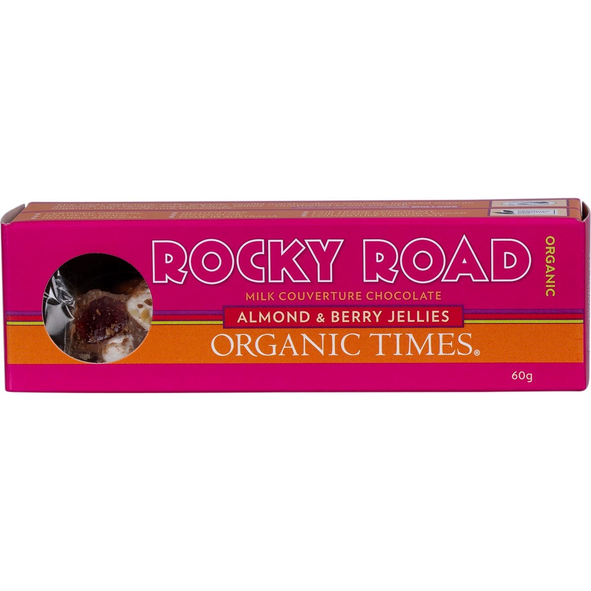 60g bar of Organic Times Rocky Road Milk Chocolate featuring marshmallows, roasted almonds, and berry jellies.