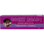 60g Organic Times Rocky Road Dark Chocolate bar featuring marshmallows, almonds, and berry jellies in a dark blue wrapper.