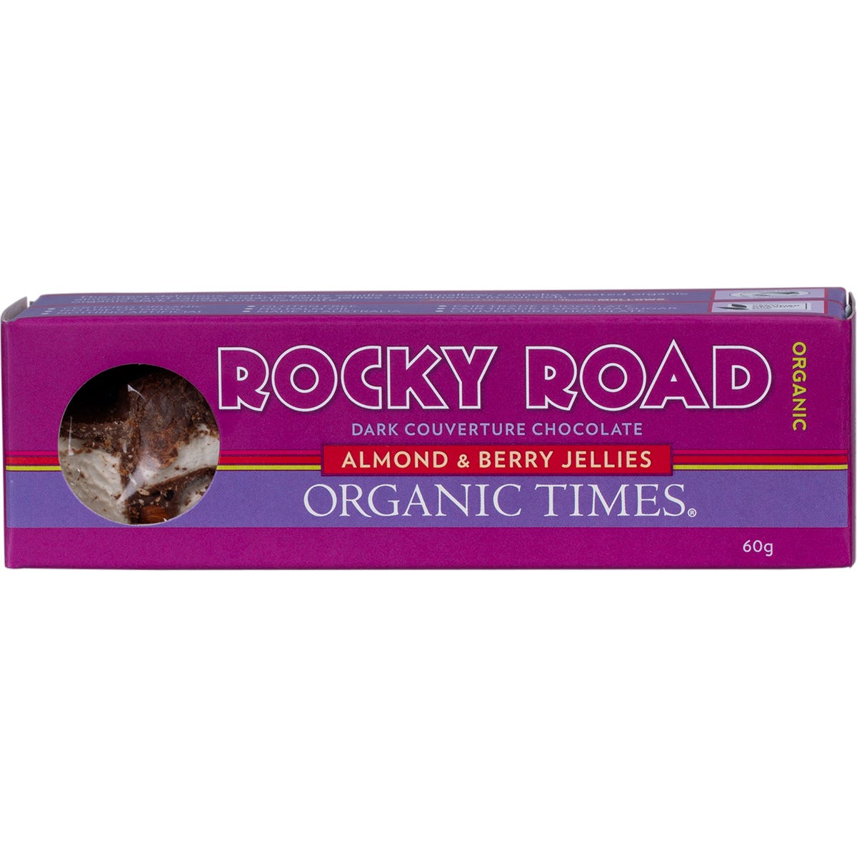 60g Organic Times Rocky Road Dark Chocolate bar featuring marshmallows, almonds, and berry jellies in a dark blue wrapper.