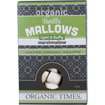 100g bag of Organic Times Vanilla Mallows, light and fluffy organic marshmallows on a white background.