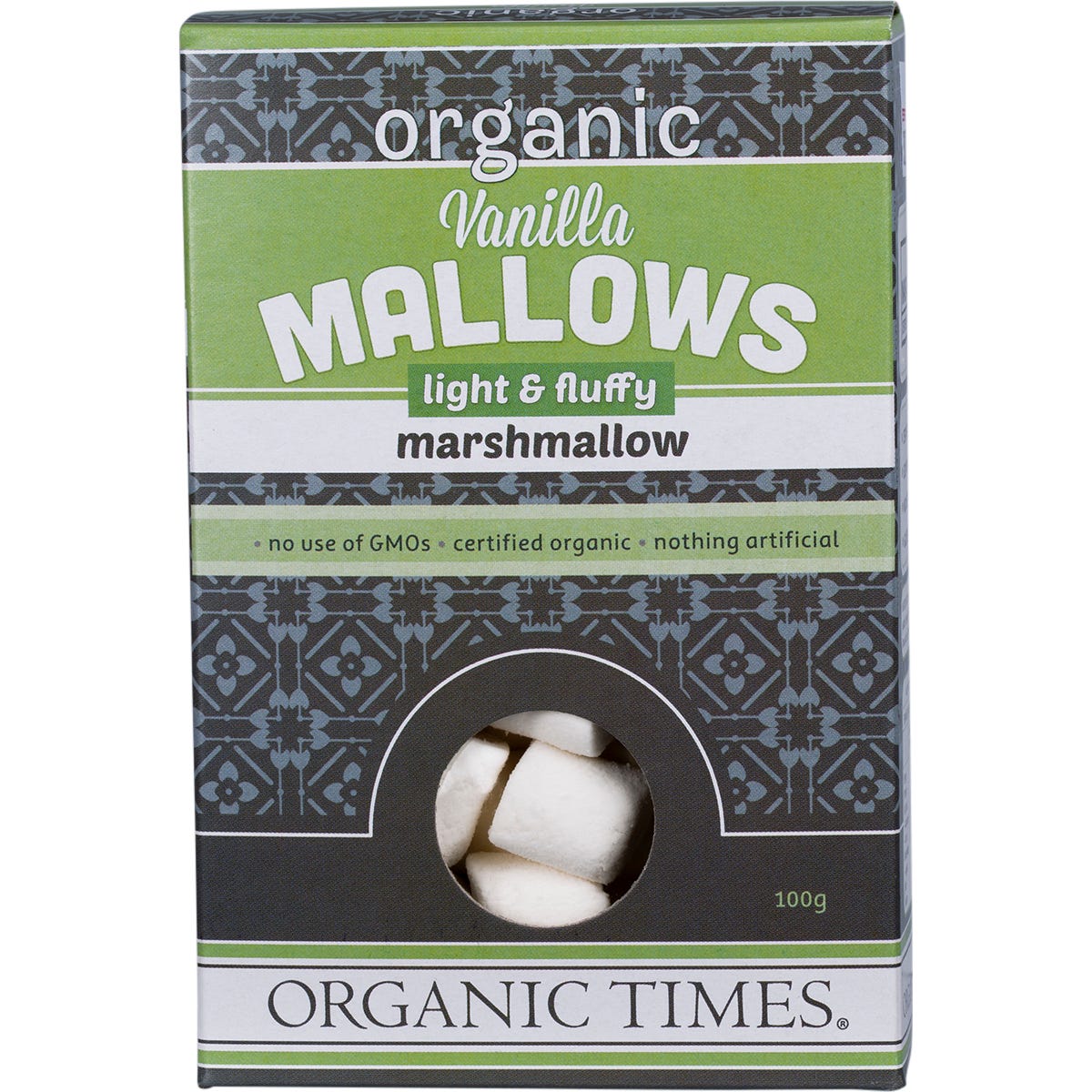 100g bag of Organic Times Vanilla Mallows, light and fluffy organic marshmallows on a white background.