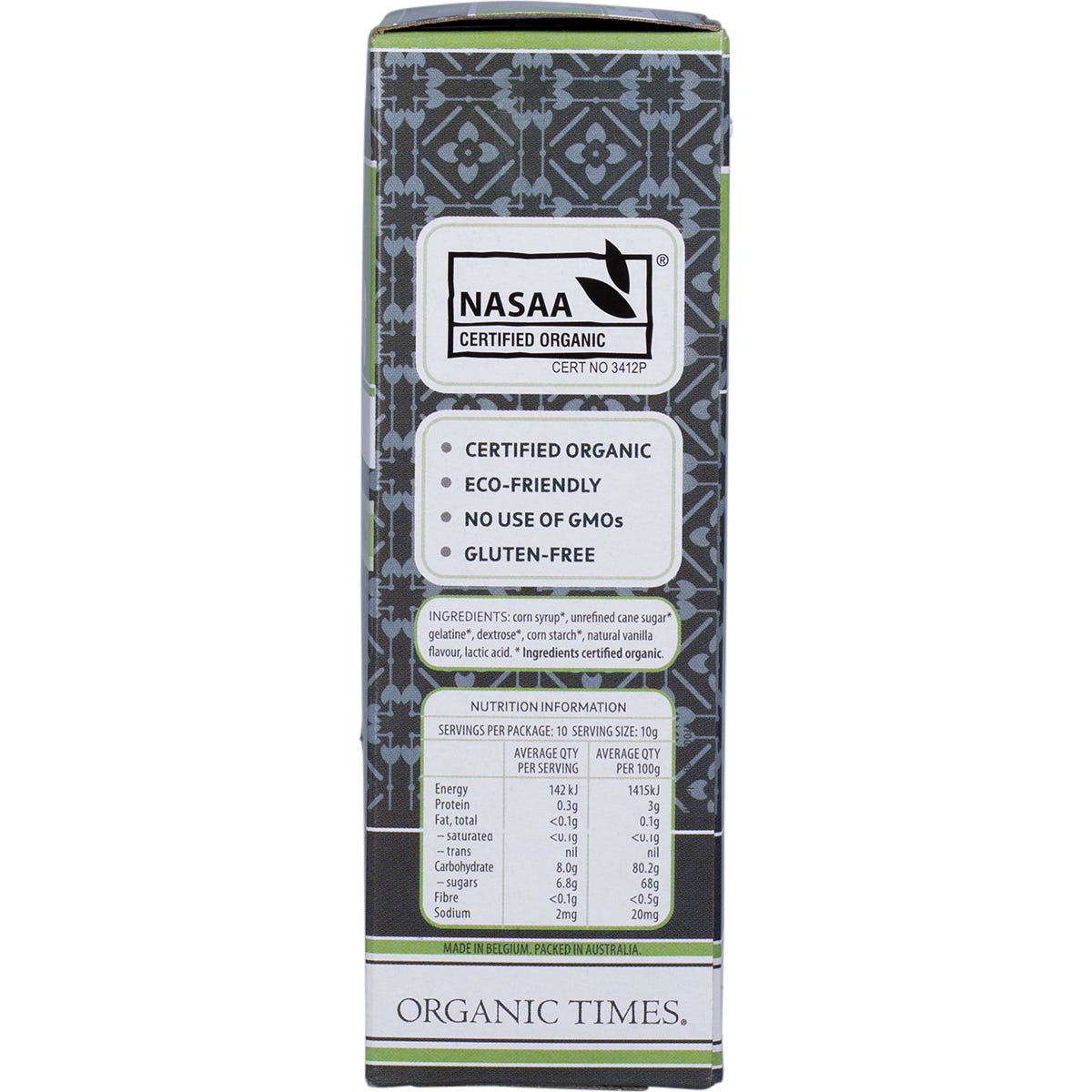 A 100g bag of Organic Times Vanilla Mallows shown from a side angle on a white background.