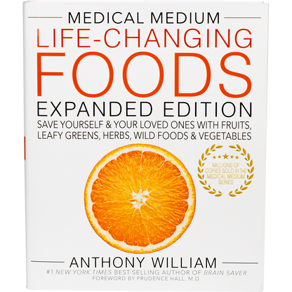 Medical Medium Life-Changing Foods book cover by Anthony William, featuring vibrant fruits and vegetables.