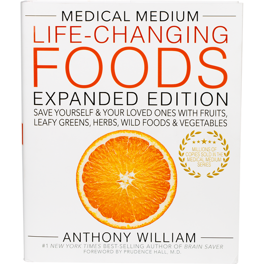 Medical Medium Life-Changing Foods book cover by Anthony William, featuring vibrant fruits and vegetables.