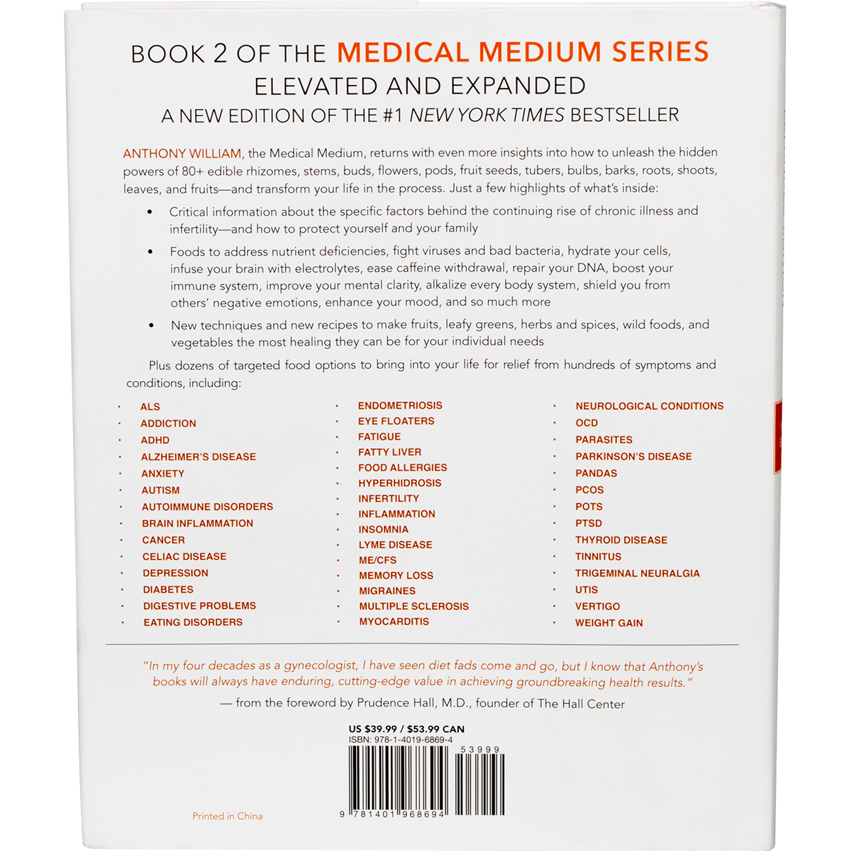 The back cover of Medical Medium Life-Changing Foods by Anthony William, featuring text and a white background.