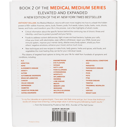 The back cover of Medical Medium Life-Changing Foods by Anthony William, featuring text and a white background.