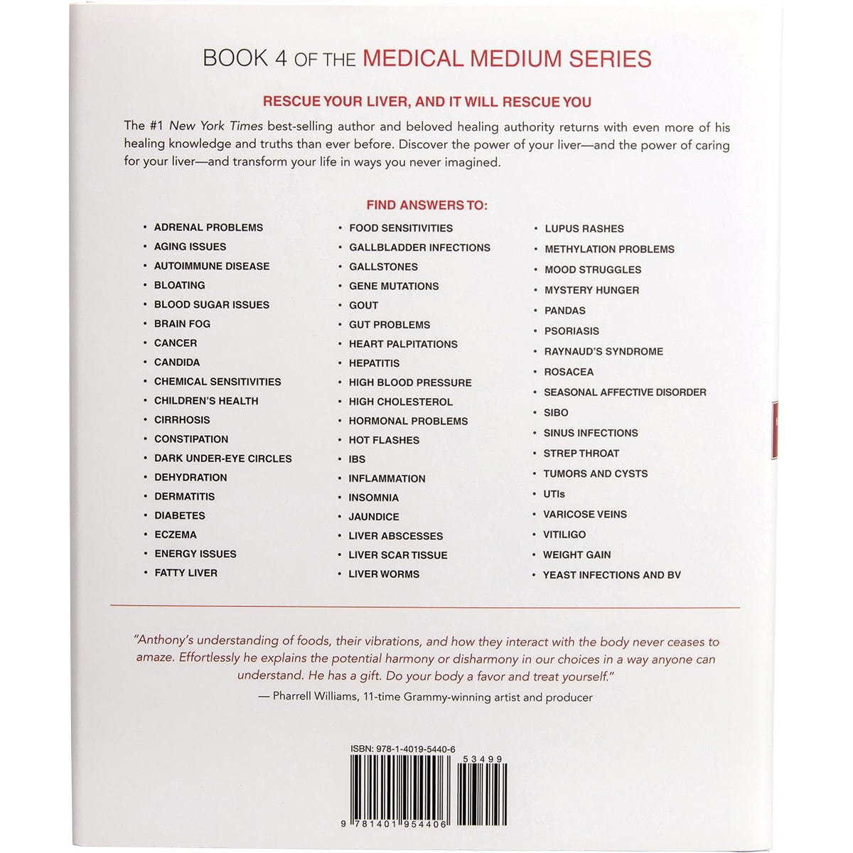 Back cover of the Medical Medium Liver Rescue book by Anthony William, featuring information on healing liver-related issues.