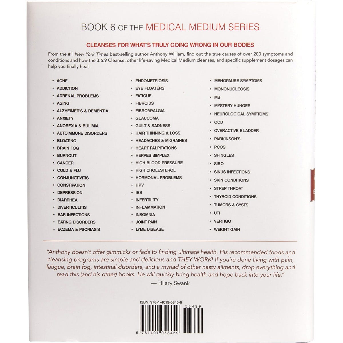 Back cover of Medical Medium Cleanse to Heal by Anthony William featuring book reviews and a green background.