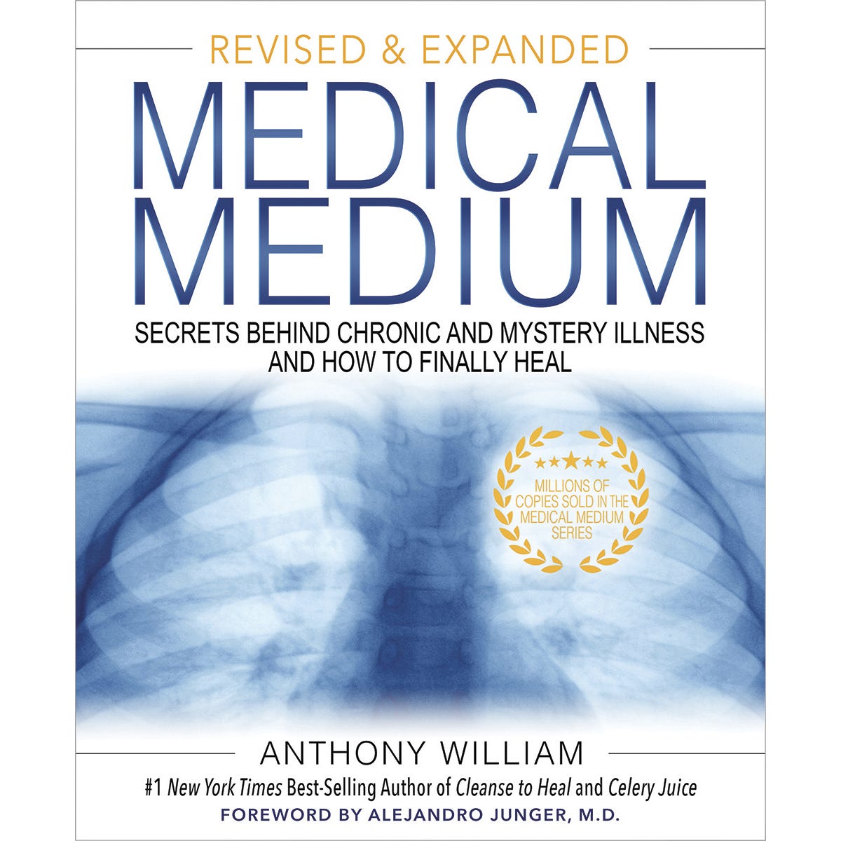 Medical Medium Revised and Expanded Edition by Anthony William book cover with a blue bird and a human silhouette.