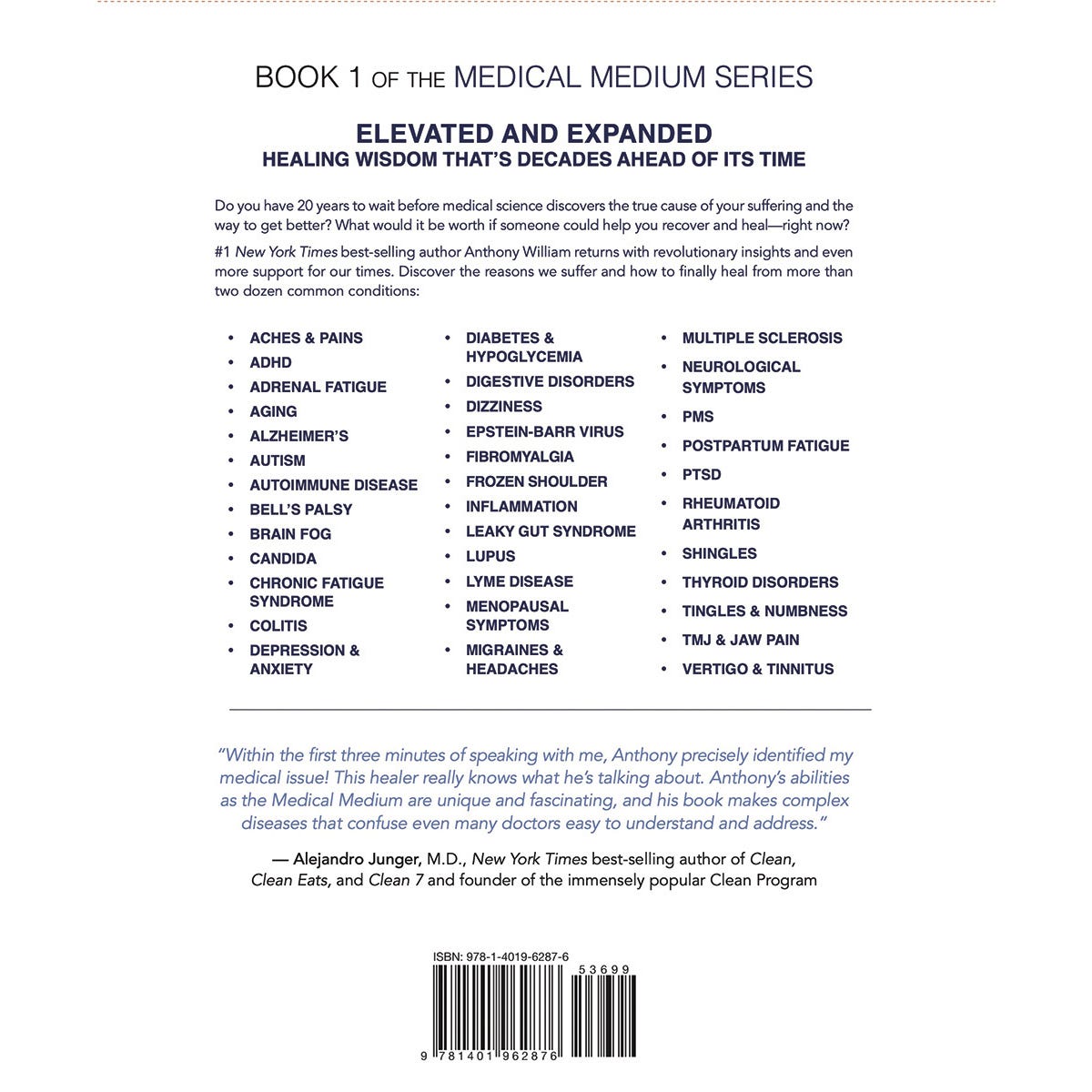 Back cover of Medical Medium Revised and Expanded book by Anthony William featuring a summary and healing information.