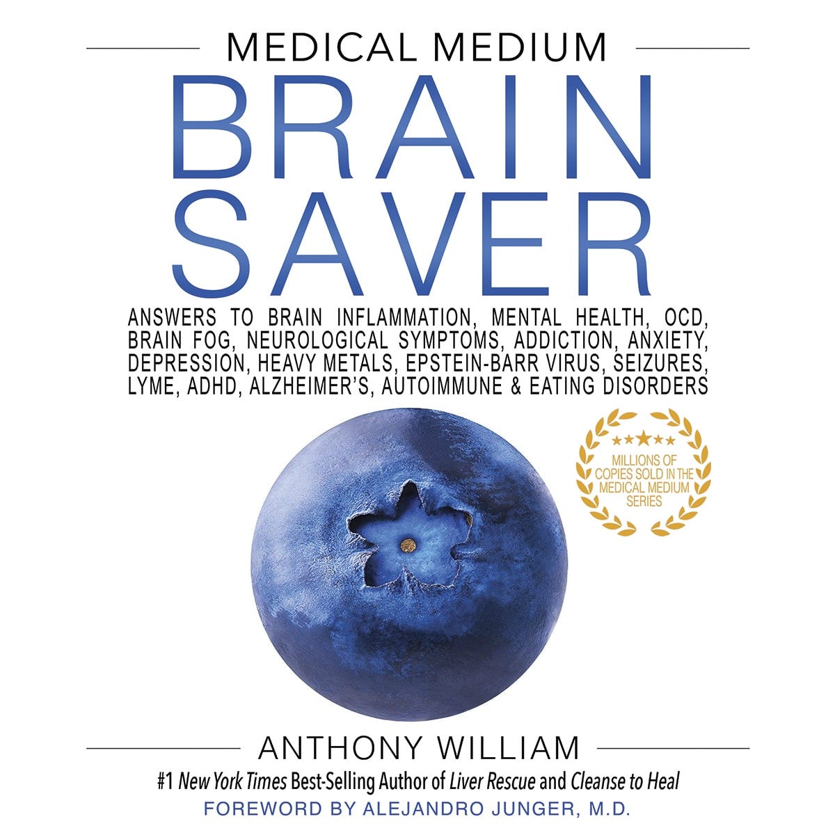 Medical Medium Brain Saver by Anthony William hardcover book featuring a vibrant blue brain illustration on the cover.