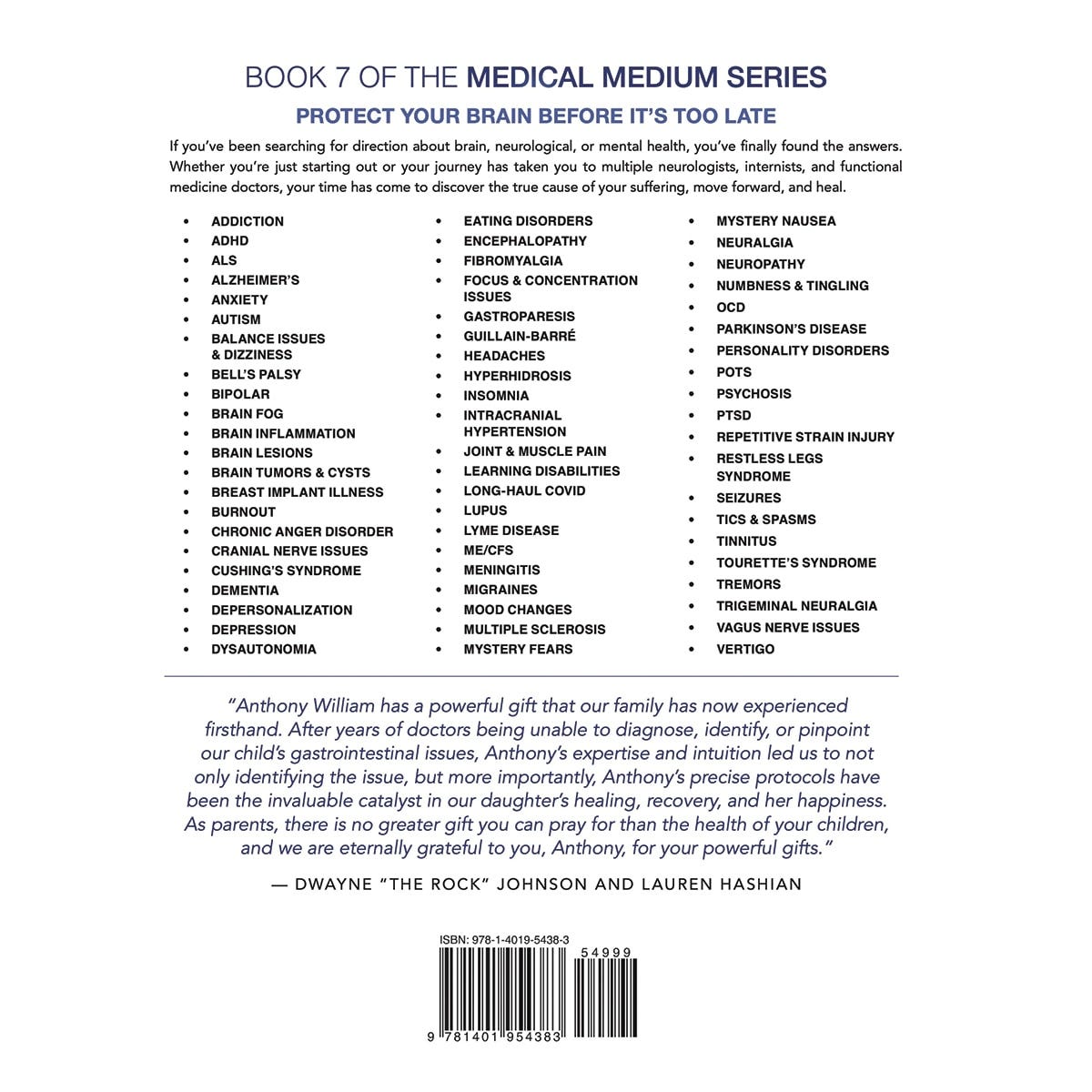 Back cover of Medical Medium Brain Saver by Anthony William featuring descriptive text and book testimonials.