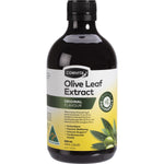 500ml bottle of Comvita Olive Leaf Extract Original with fresh green leaves on a clean white background.
