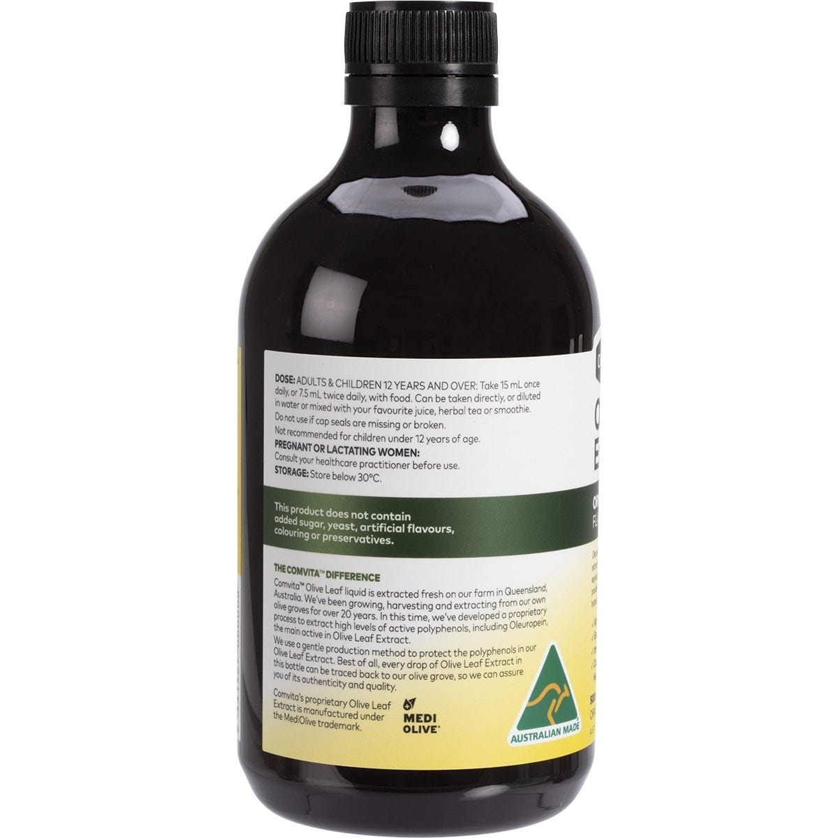 Side view of a 500ml bottle of Comvita Olive Leaf Extract Original showing the label and green leaf design.