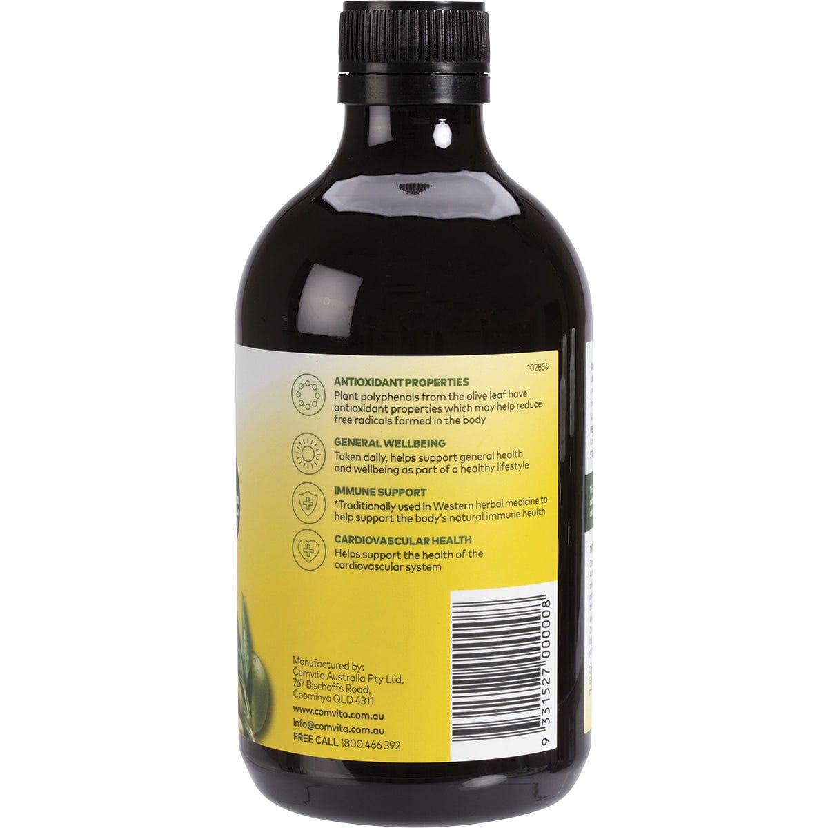 Right side of Comvita Olive Leaf Extract 500ml bottle showing nutrition facts, directions, and ingredients.
