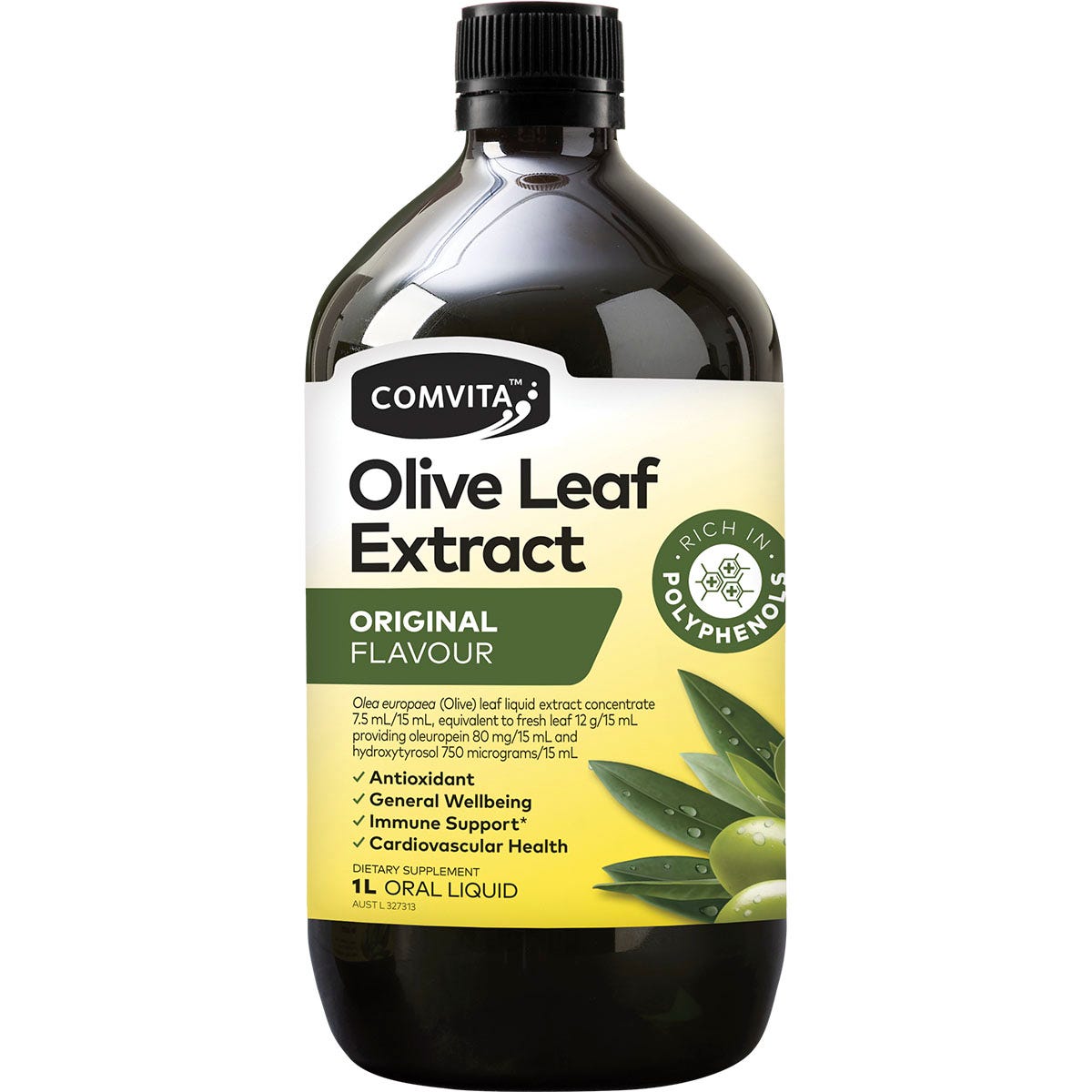 1L bottle of Comvita Olive Leaf Extract Original, an olive leaf liquid concentrate for immune support.