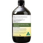 Side view of a 1L bottle of Comvita Olive Leaf Extract Original highlighting its green label and health benefits.
