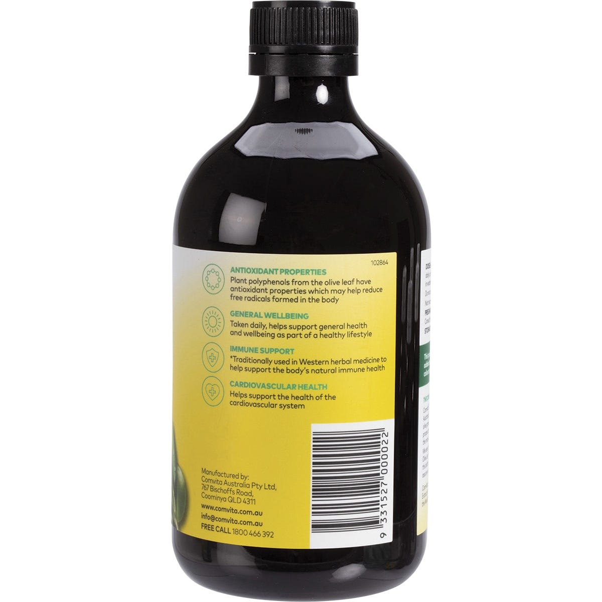 Right side of a 500ml Comvita Olive Leaf Extract Peppermint bottle showing supplement facts and directions.