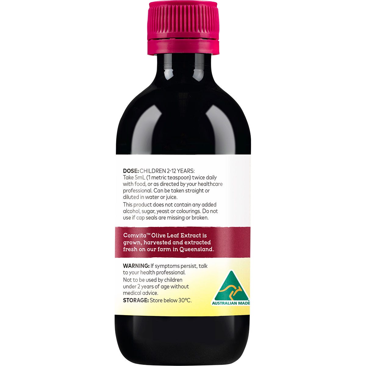 Left side view of Comvita 200ml Children's Olive Leaf Extract mixed berry bottle for immune support.