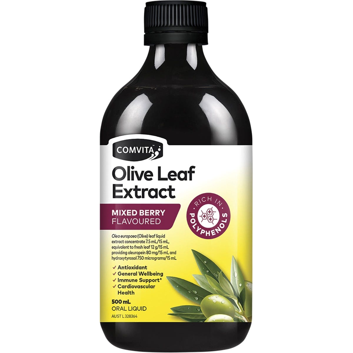 500ml bottle of Comvita Olive Leaf Extract Mixed Berry flavor with a white and purple label.