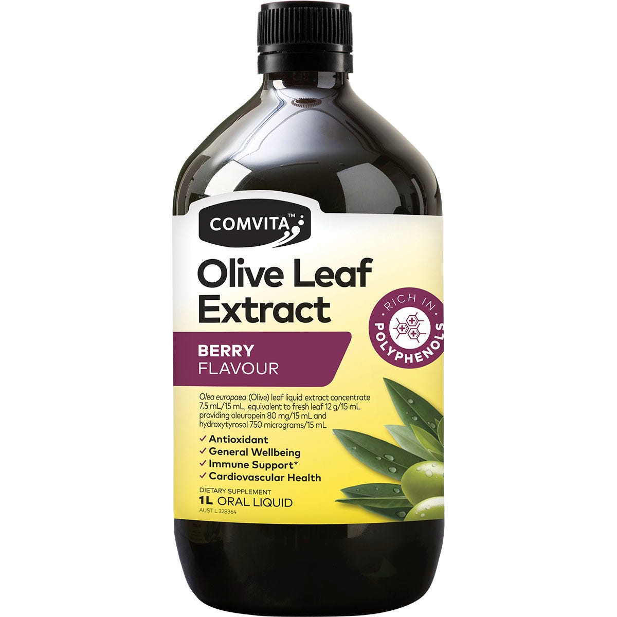1L bottle of Comvita Olive Leaf Extract Mixed Berry flavor with fresh-picked leaf illustrations on a white background.