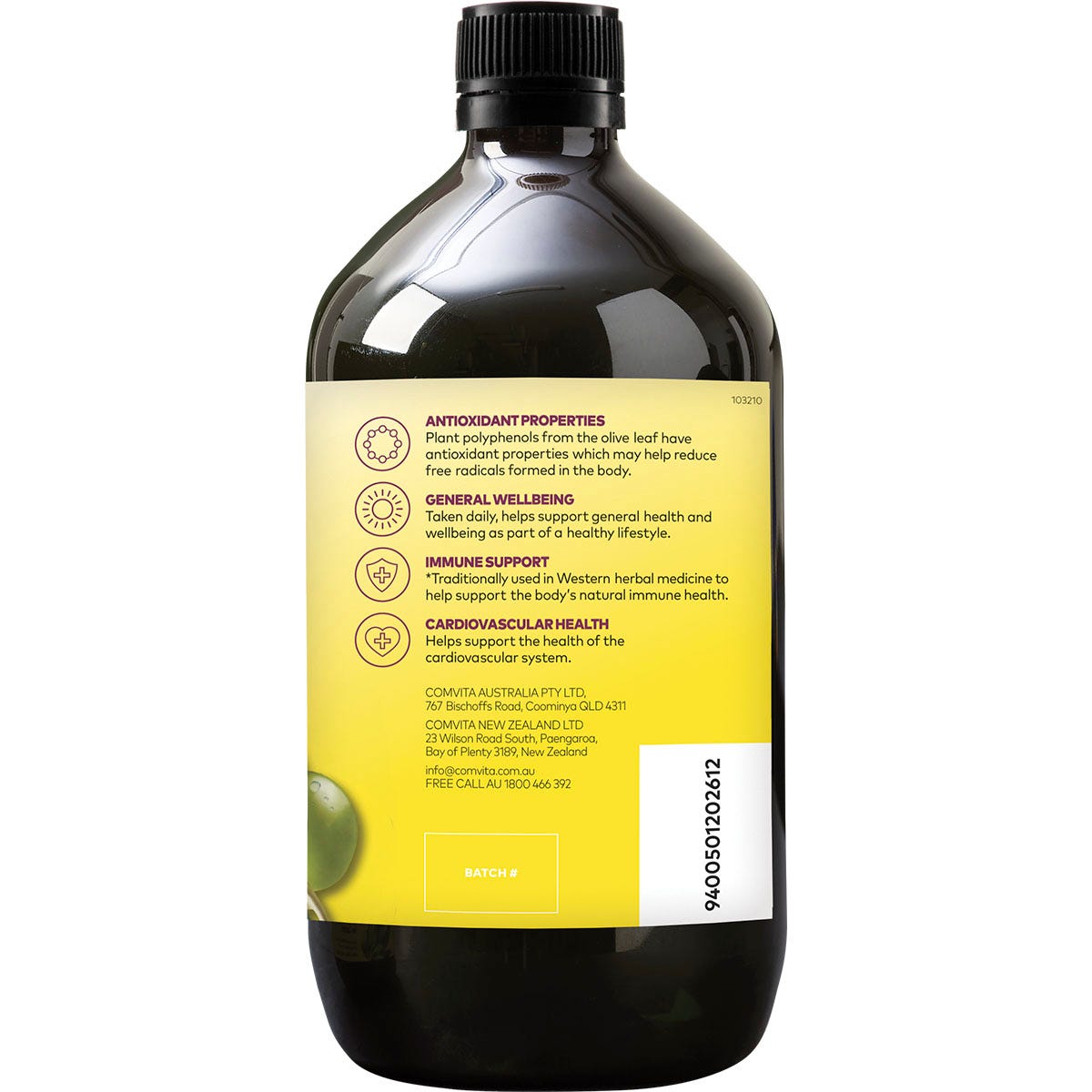 Comvita 1L Olive Leaf Extract Mixed Berry bottle shown at an angle featuring fresh olive leaf illustrations.