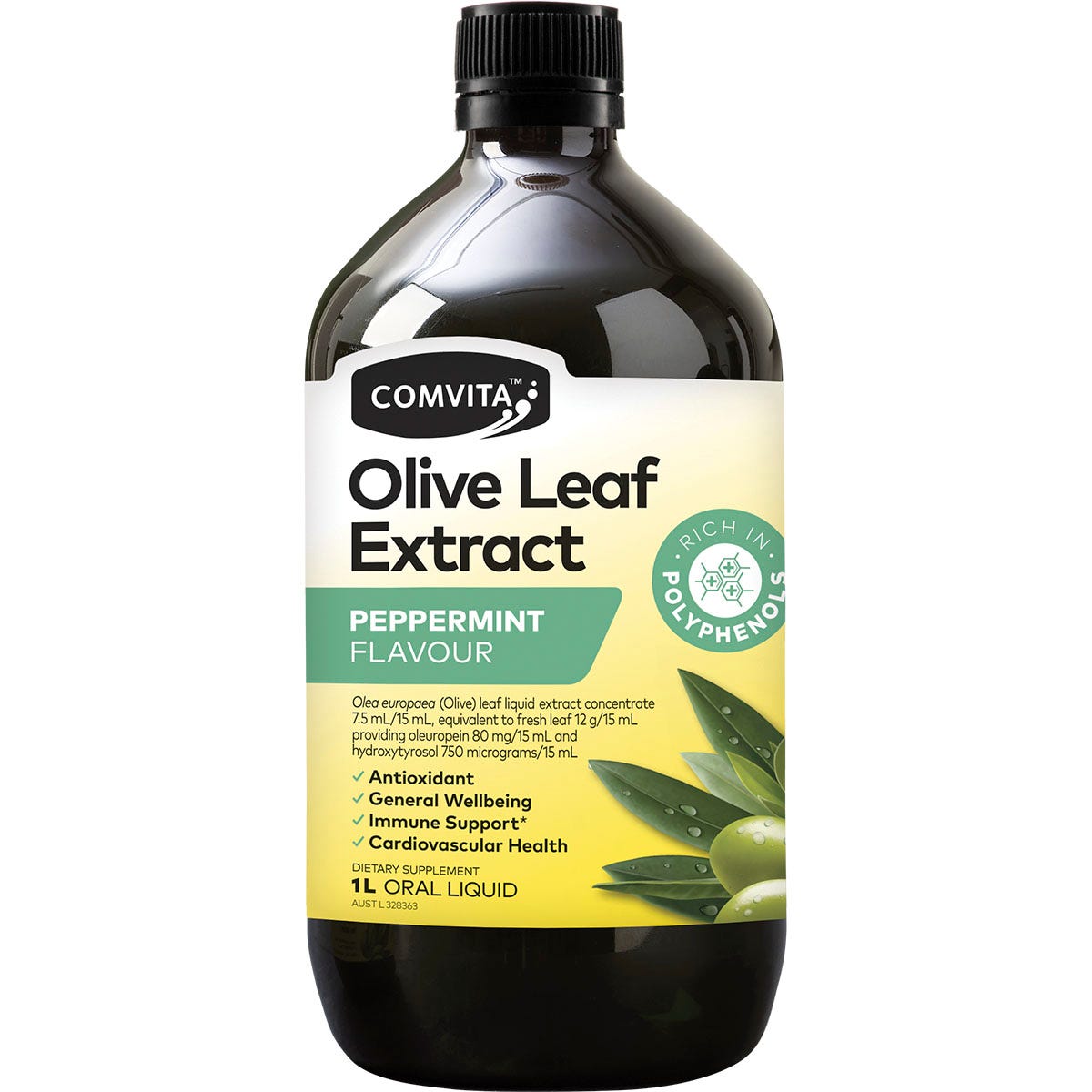 Comvita Olive Leaf Extract Peppermint 1L bottle with a green label and peppermint leaf illustrations.