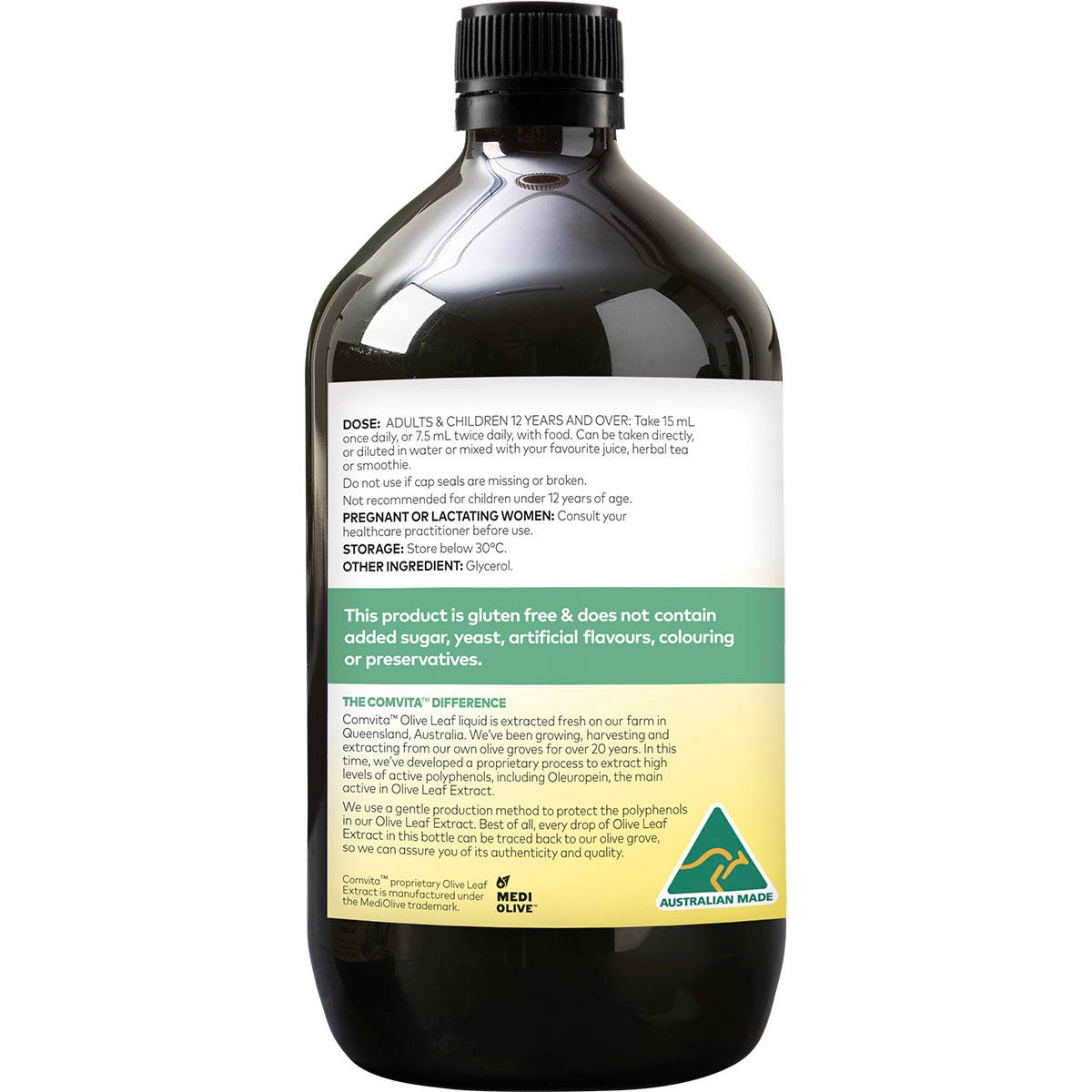 Comvita Olive Leaf Extract Peppermint 1L bottle with a green label shown from a left-angled perspective.