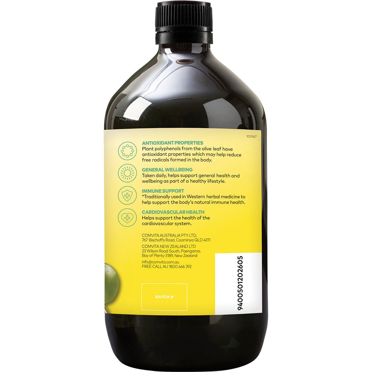 Comvita Olive Leaf Extract Peppermint 1L bottle with a green label shown from a right-angled perspective.