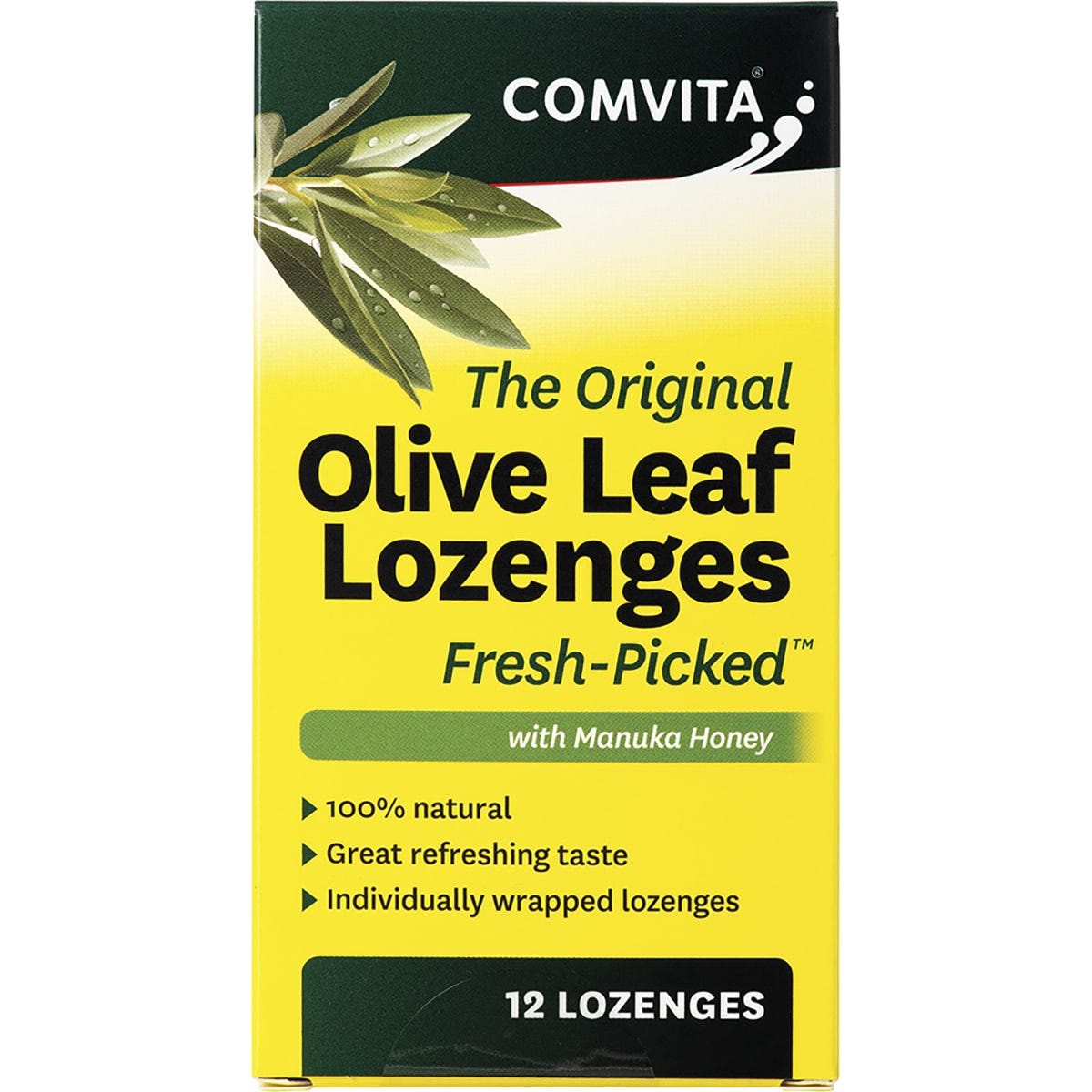 Comvita Manuka Honey and Olive Leaf Extract 12-pack lozenges in a white and green box.