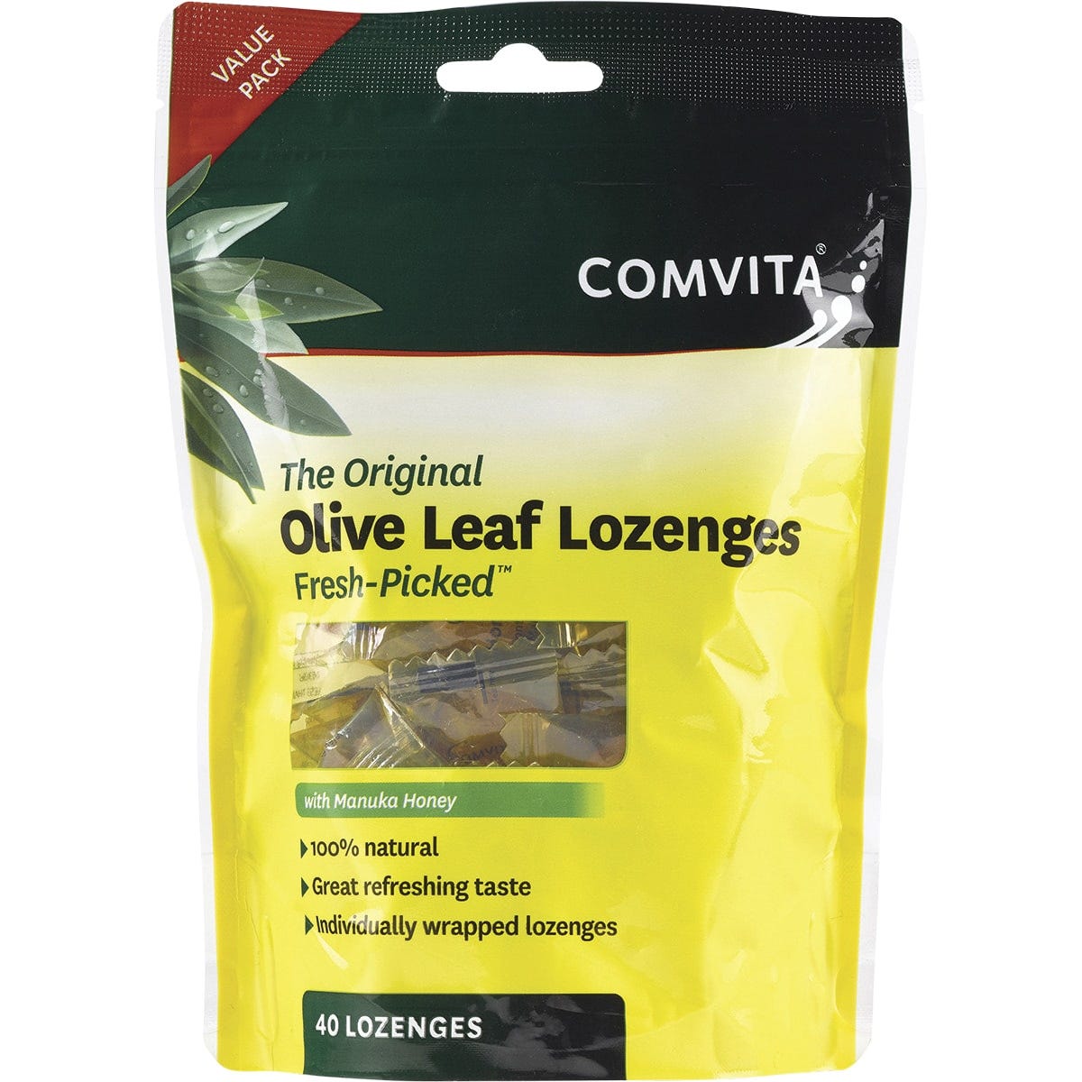 40-pack of Comvita Olive Leaf Extract Lozenges with Manuka Honey in a green and white box.