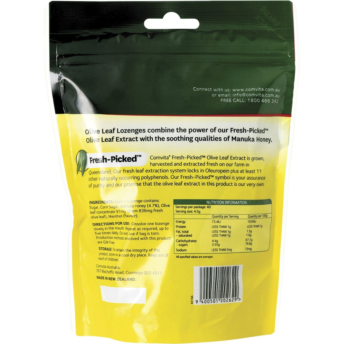 Back of Comvita Olive Leaf Extract Lozenges 40-pack box showing nutritional facts and directions on a white background.