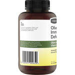 Side view of a white bottle of Comvita Olive Leaf Extract 150 capsules with green leaf graphics on a white background.