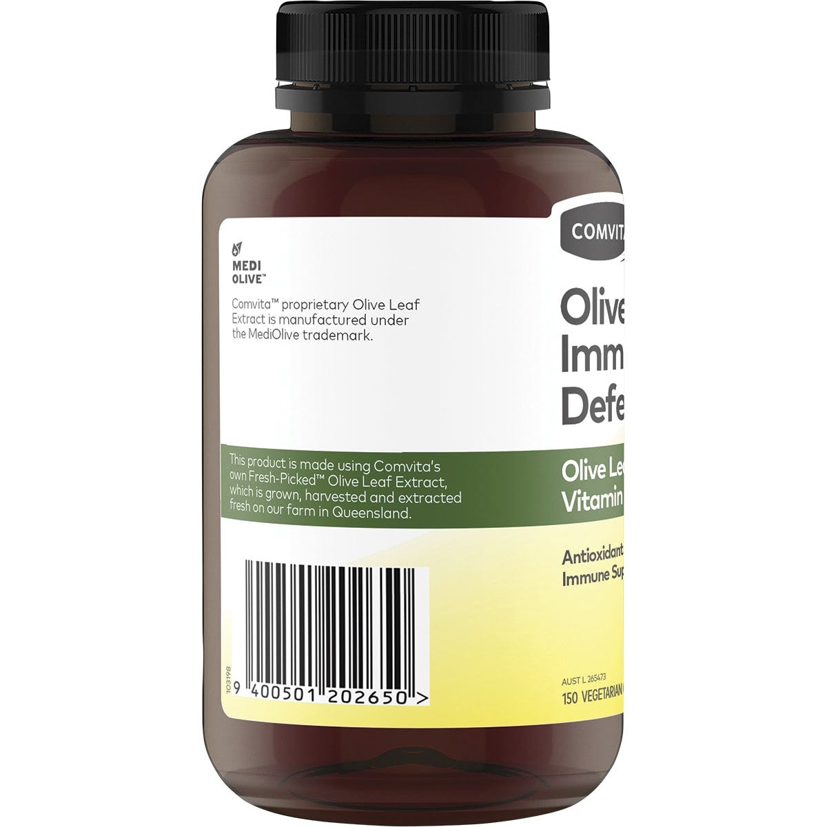 Side view of a white bottle of Comvita Olive Leaf Extract 150 capsules with green leaf graphics on a white background.