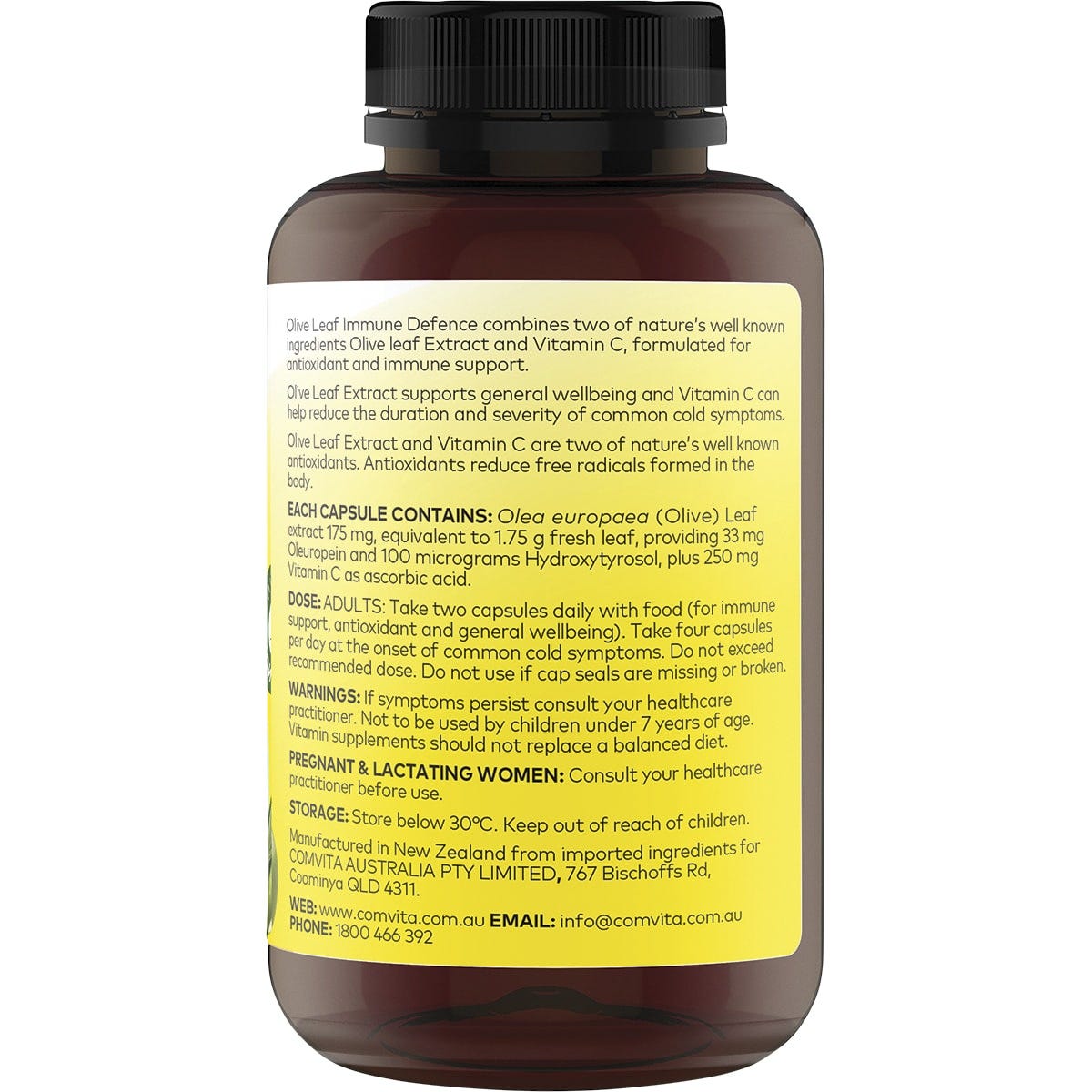 Right side of Comvita Olive Leaf Extract 150 capsules bottle showing nutrition facts, directions, and ingredients.