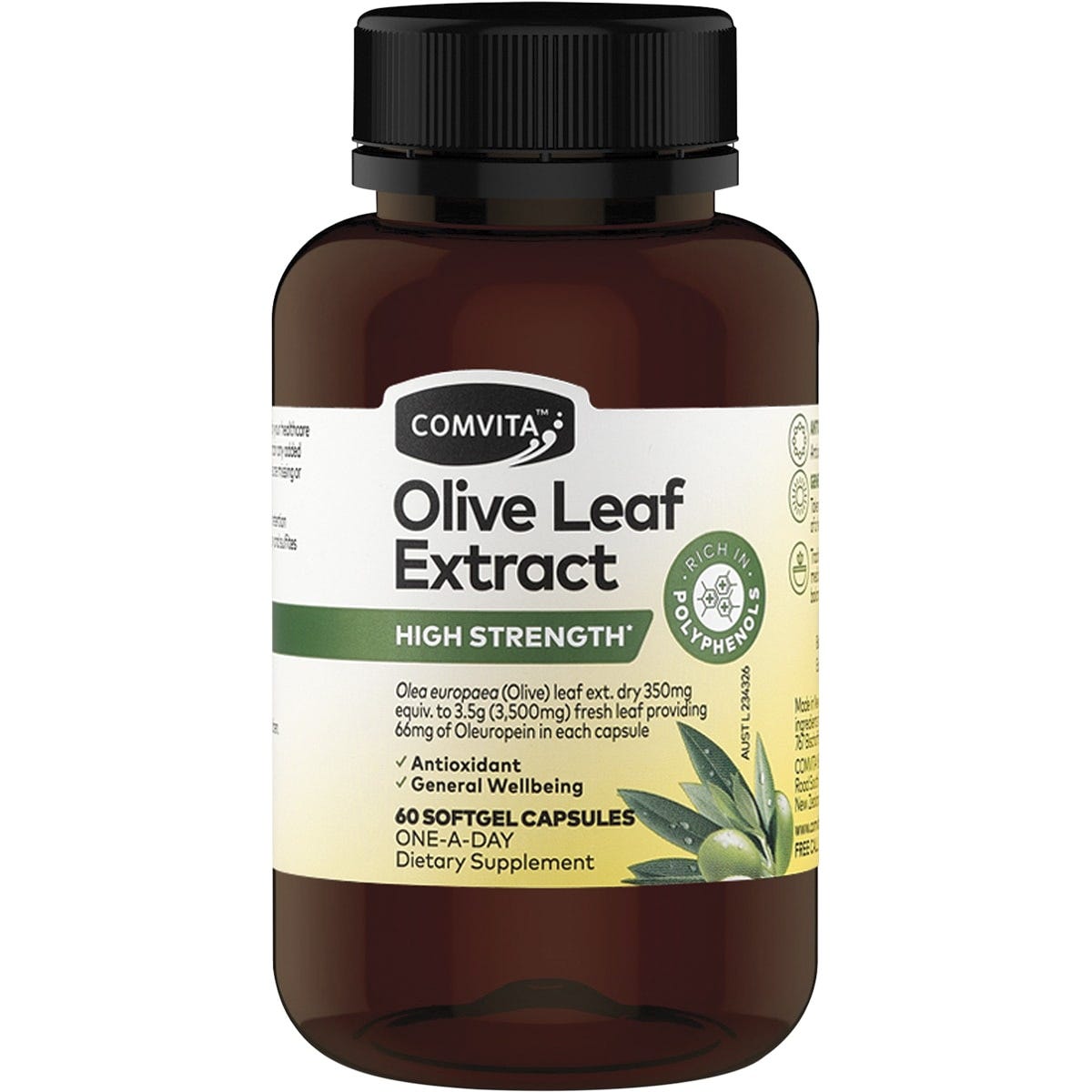 60 count bottle of Comvita Olive Leaf Extract high strength antioxidant softgel capsules on a white background.