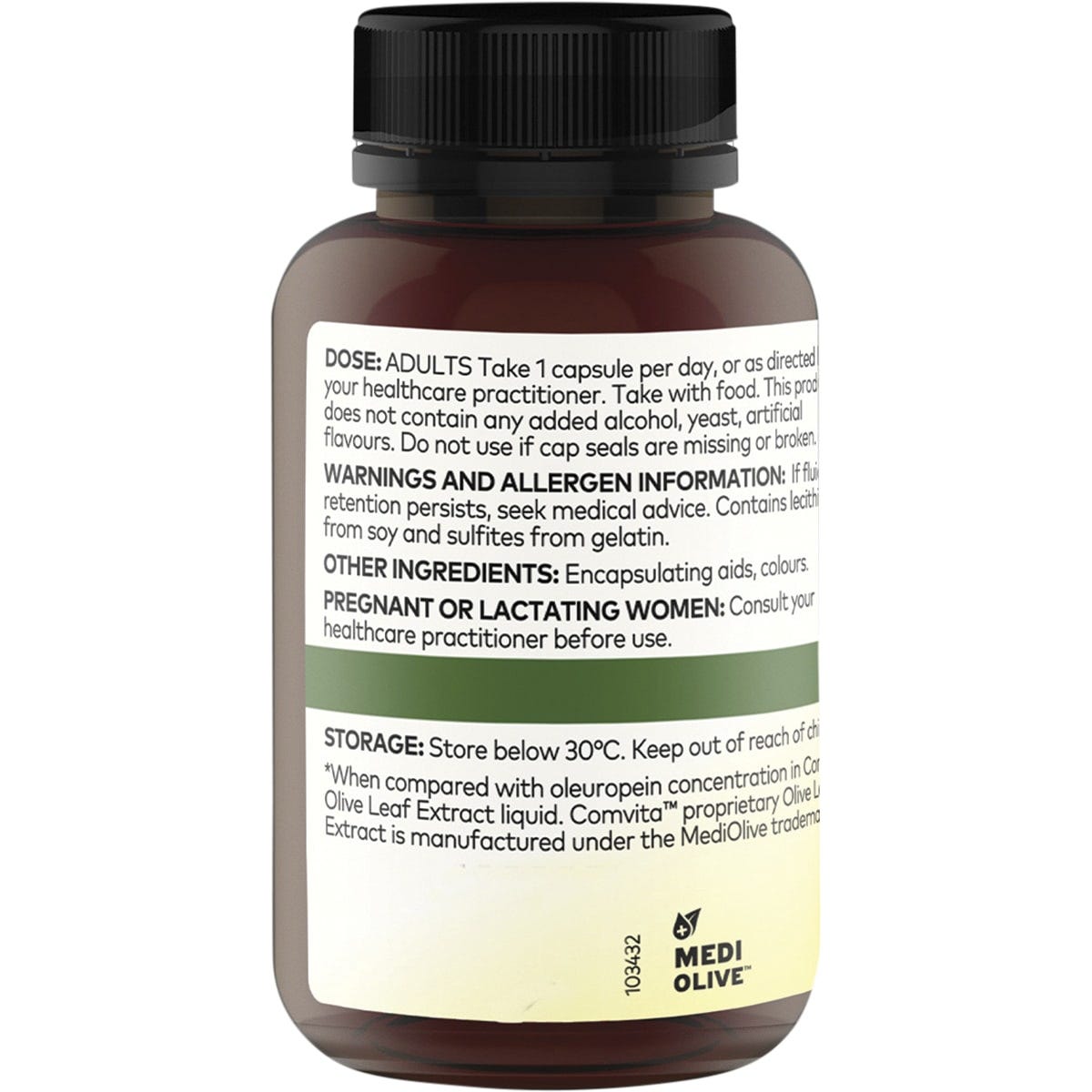 Left side view of Comvita Olive Leaf Extract bottle showing label details and directions on a white background.