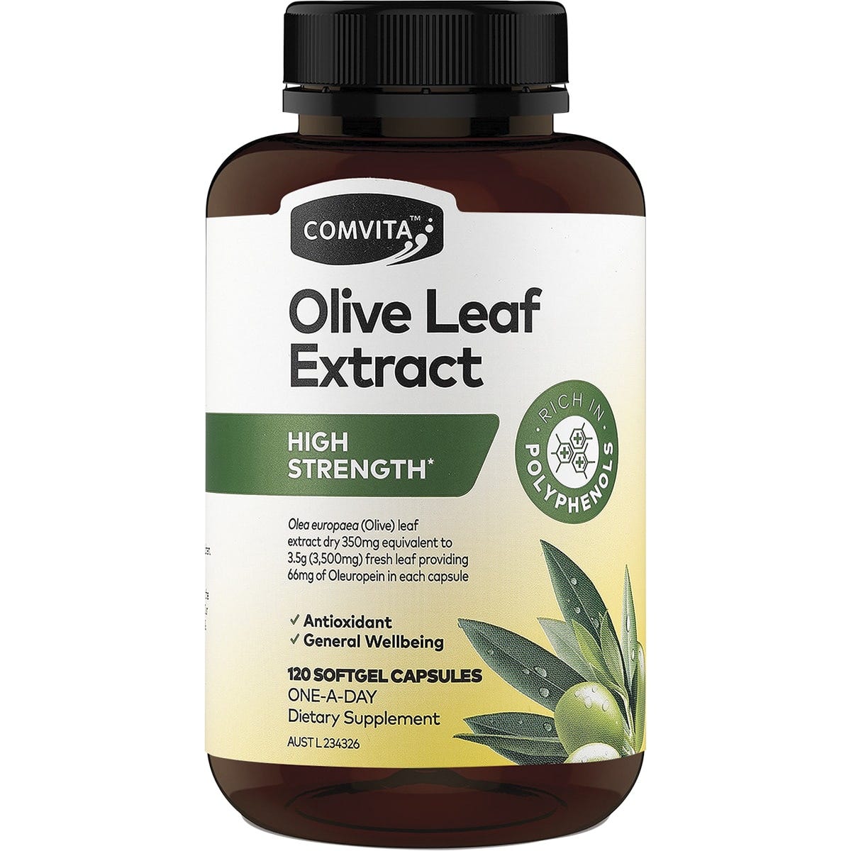Comvita Olive Leaf Extract 120 high strength capsules in a white bottle with a green and gold label.