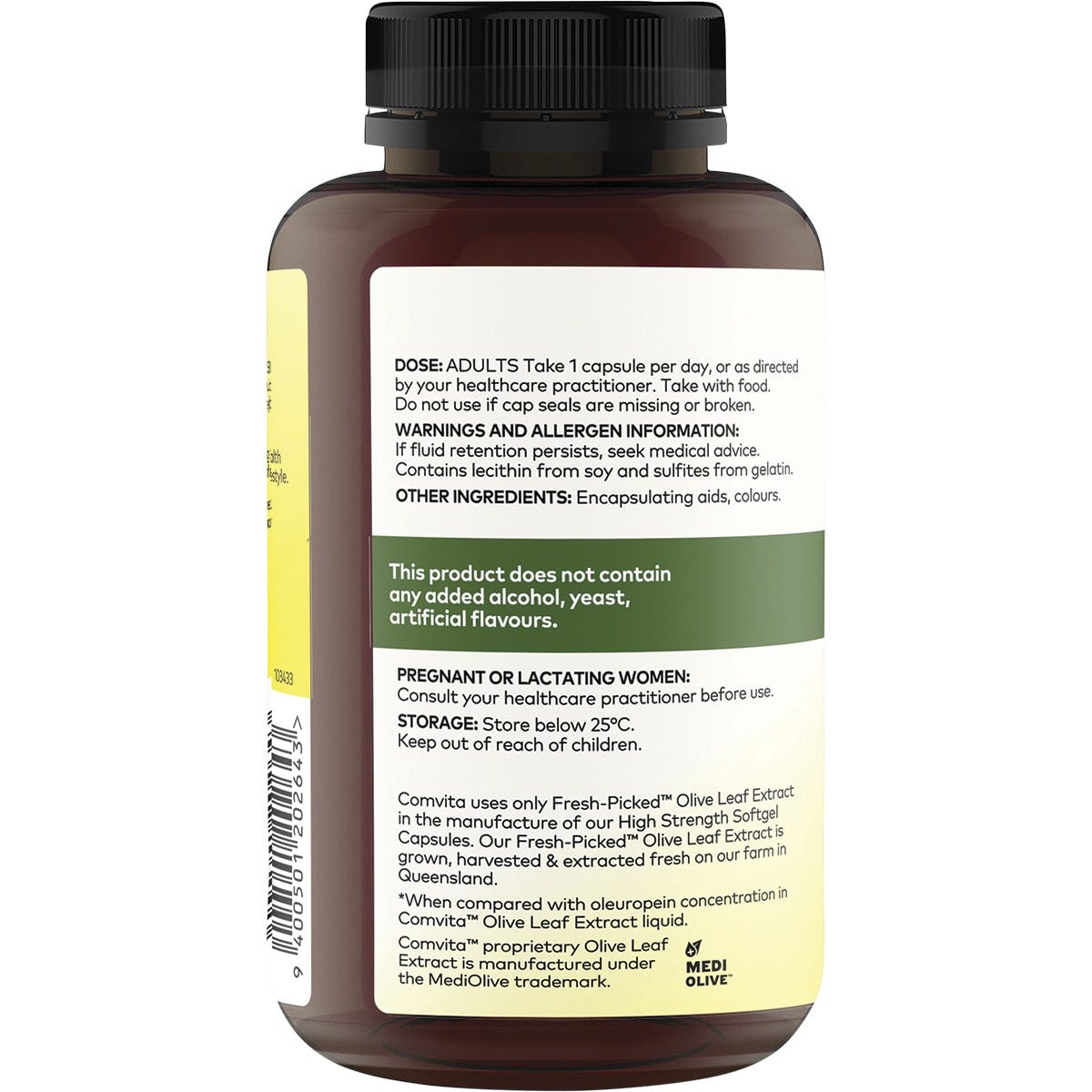 Comvita Olive Leaf Extract 120 capsules in a white bottle with a green and gold label, shown from a side angle.