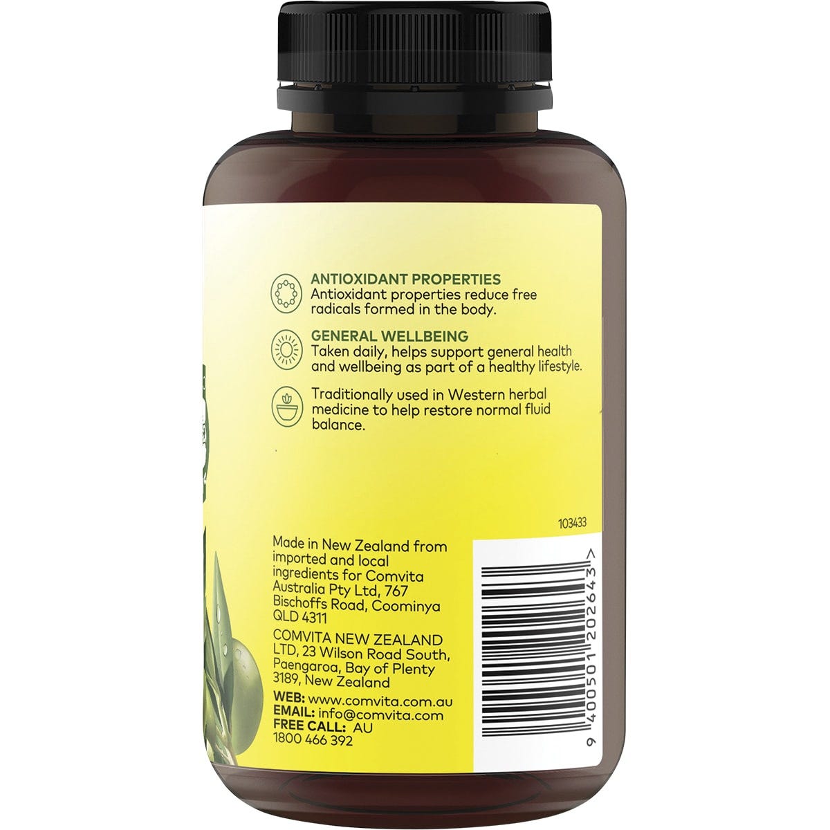 Right side of a Comvita Olive Leaf Extract 120-capsule bottle showing nutritional facts and directions.