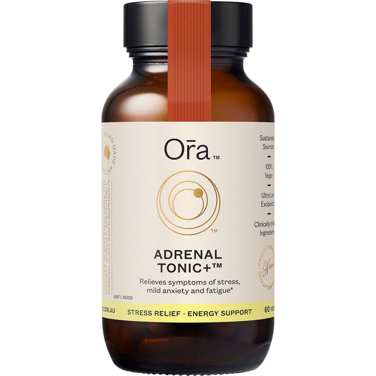 Bottle of Ora Health Adrenal Tonic+ 60 capsules with botanical illustrations on a white background.