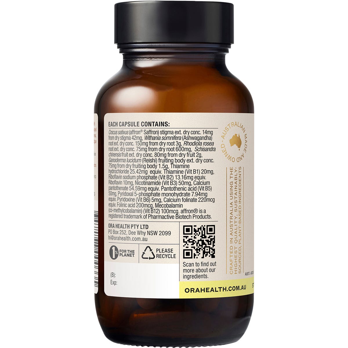 Ora Health Adrenal Tonic+ bottle shown from the side featuring botanical illustrations on a white background.