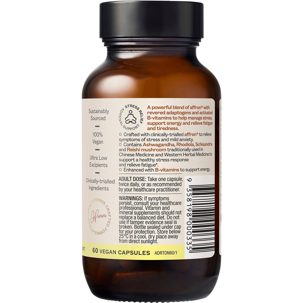 Right side of Ora Health Adrenal Tonic+ bottle with botanical illustrations, ingredients, and directions.