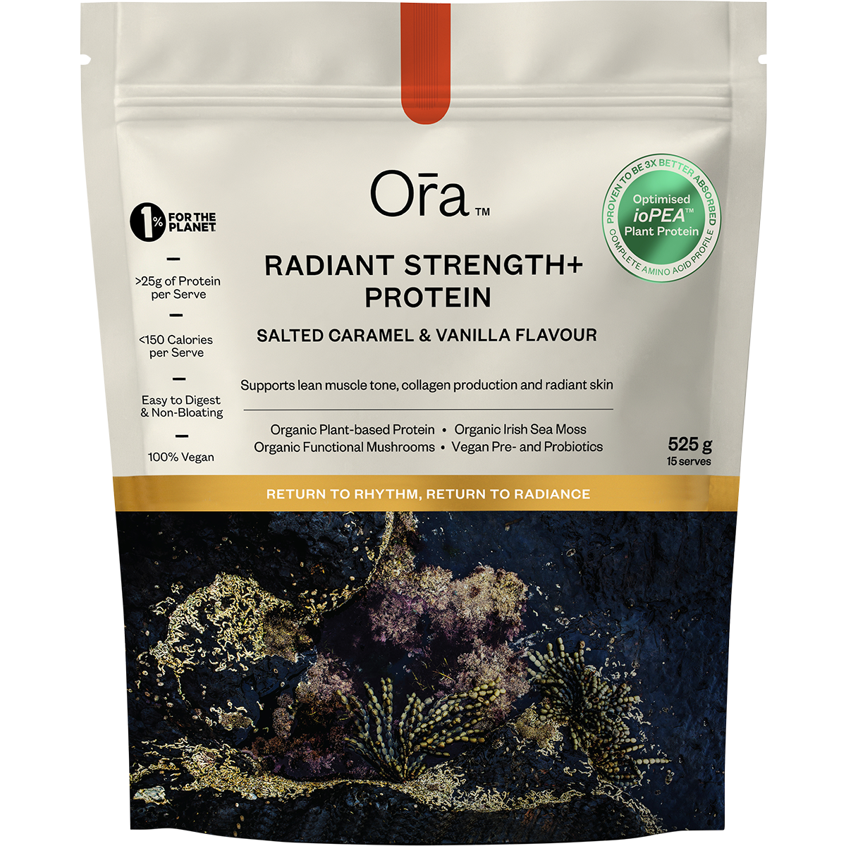 Ora Health 525g Radiant Strength+ Protein tub in Salted Caramel & Vanilla on a white background.