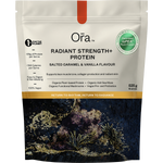Ora Health 525g Radiant Strength+ Protein tub in Salted Caramel & Vanilla on a white background.