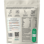 Back of Ora Health 525g Salted Caramel & Vanilla protein tub showing ingredients and nutrition facts on a white background.