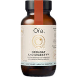 Ora Health Debloat and Digest 60 capsules in a dark glass bottle with a white label and botanical illustrations.