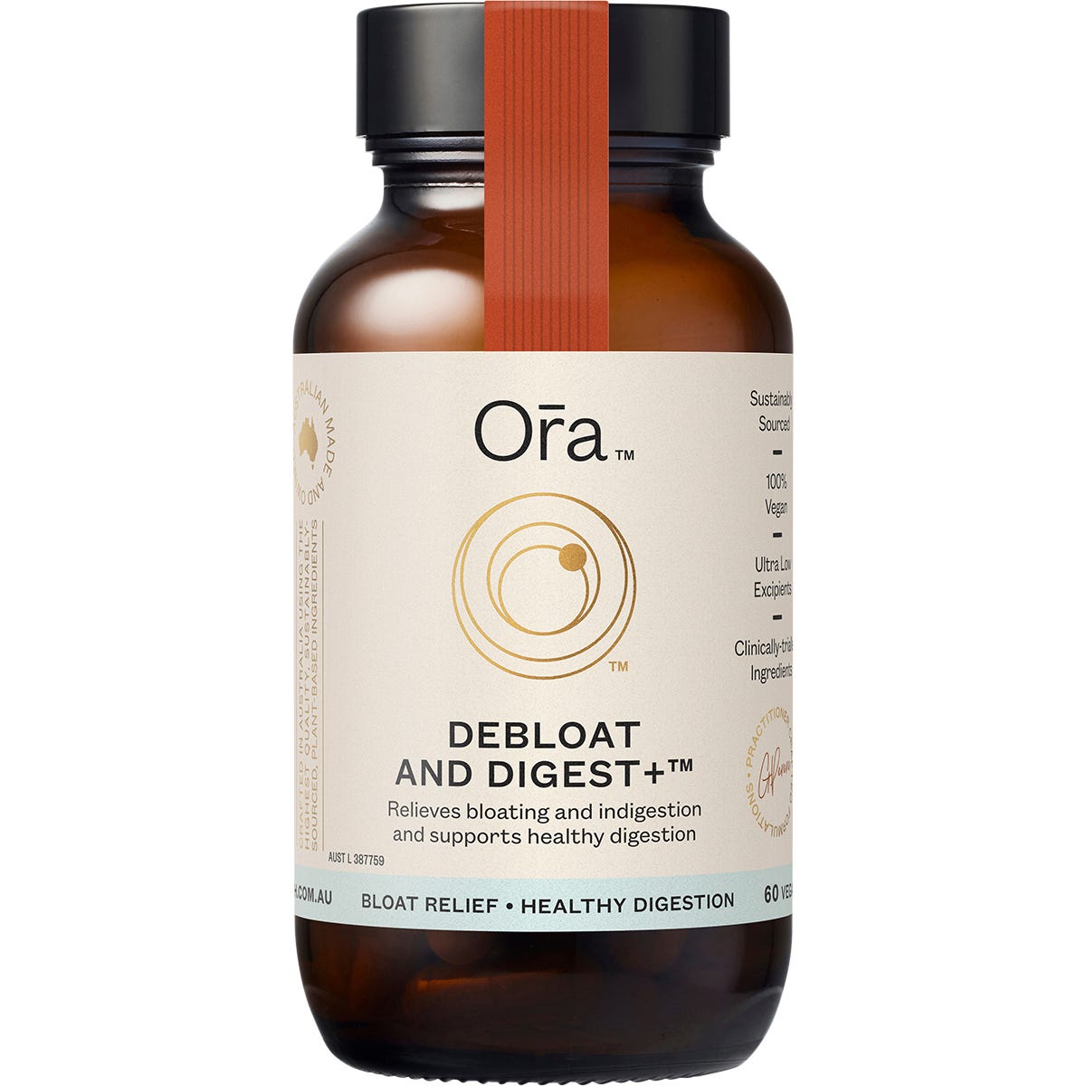 Ora Health Debloat and Digest 60 capsules in a dark glass bottle with a white label and botanical illustrations.