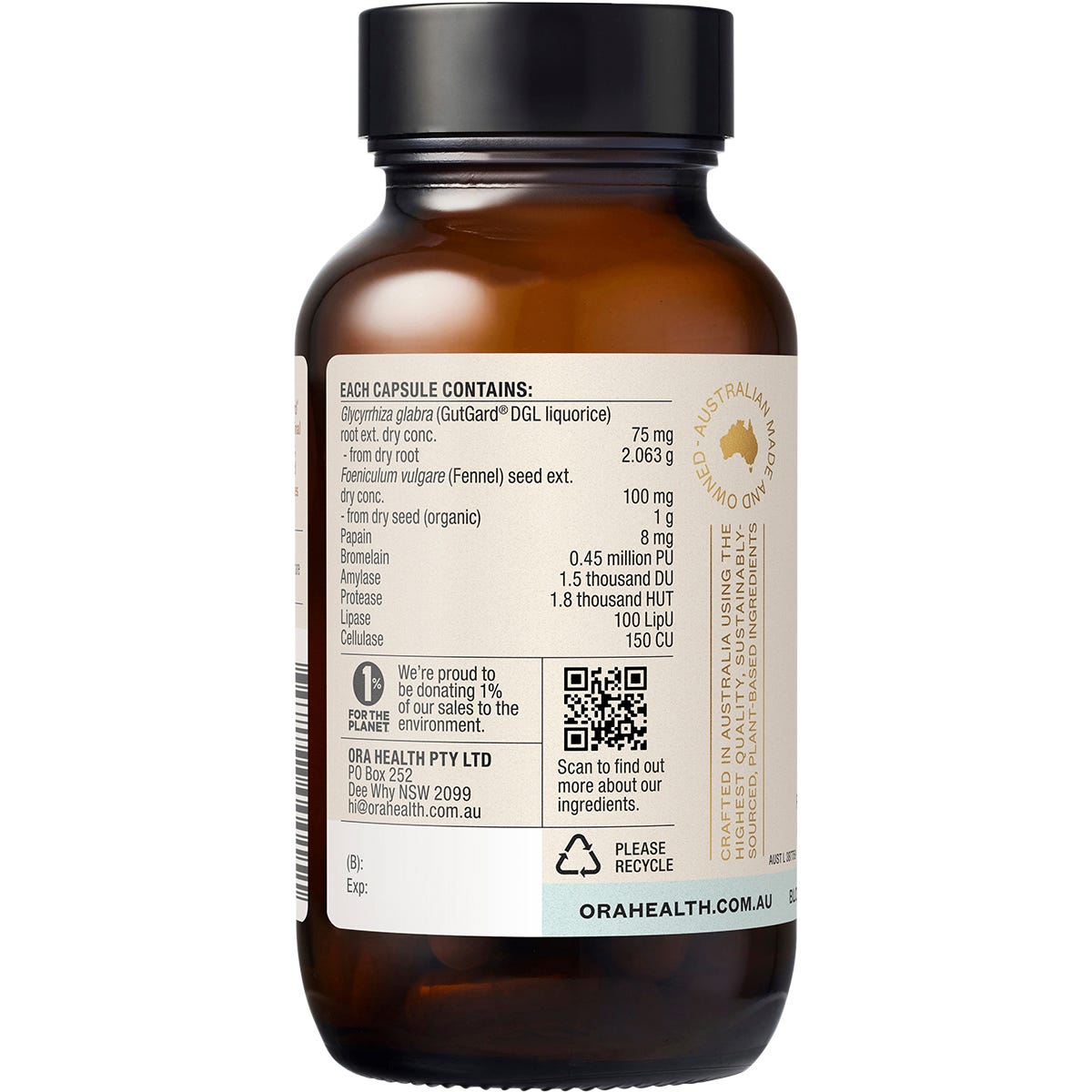 Ora Health Debloat and Digest 60 capsules in a dark glass bottle, angled to show the side and white label.
